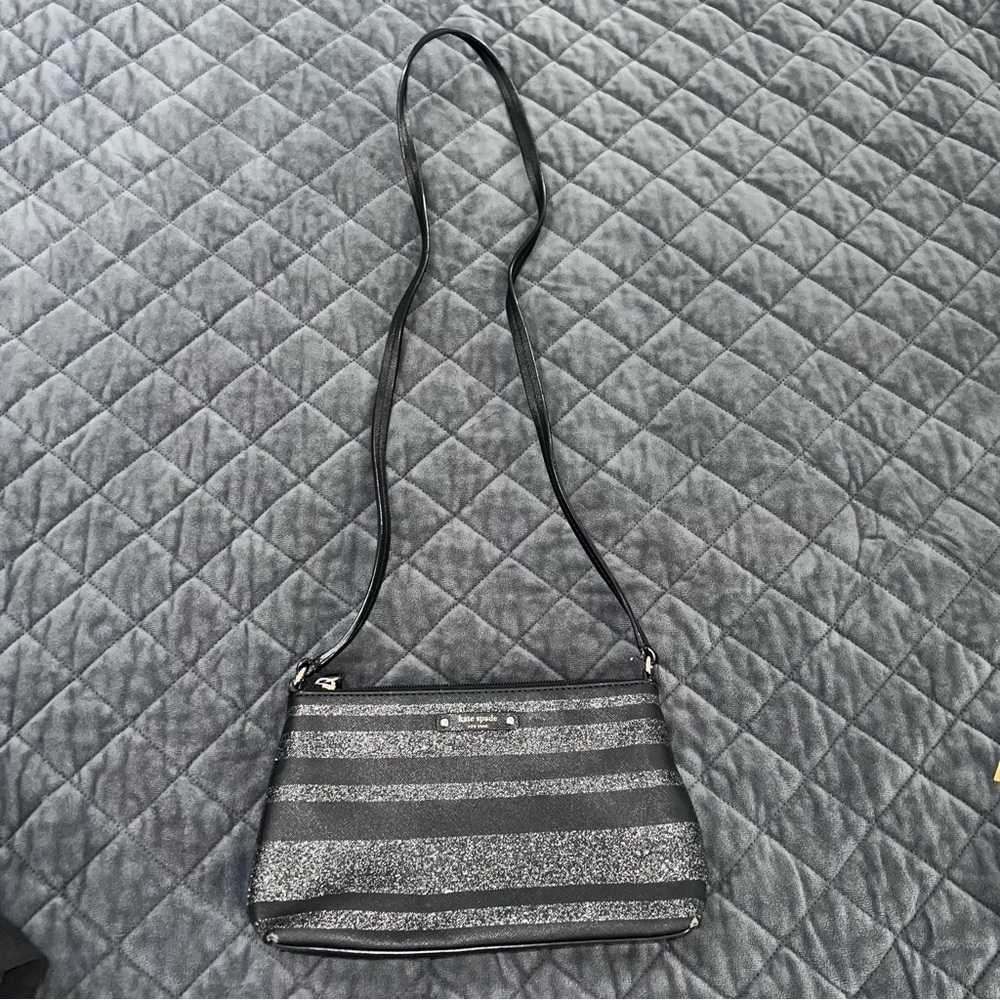 Kate Spade Crossbody Purse Bag Black Shimmery Sparkle Stripe Small Rectangle